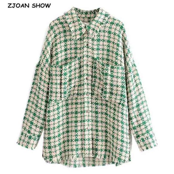 Şık Yeşil Çek Ekose Yün Gömlek Ceketler Sıcak Kadın Moda Cepler Turn-down Yaka Sevimli Kız Boy Ceket Streetwear 210429