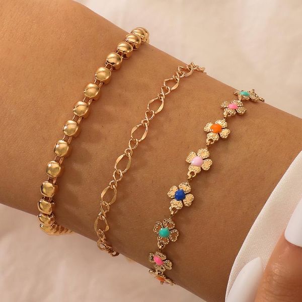 

link, chain 3pcs/sets bohemia colorful flowers bracelets for women charming gold bead alloy metal adjustable jewelry gift 16217, Black