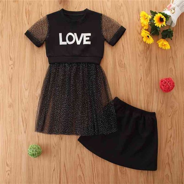 

summer suit mesh dress+skirt 2pcs clothes girls children costume for kids valentines day 210528, White