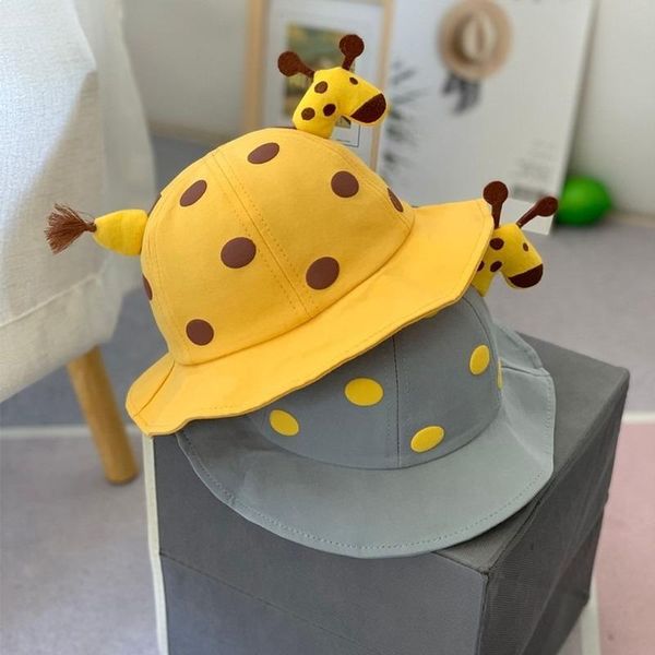 

spring summer cartoon giraffe baby bucket hat cotton fisherman hats boys girls panama sun cap for 1-3 years old hair accessories, Slivery;white