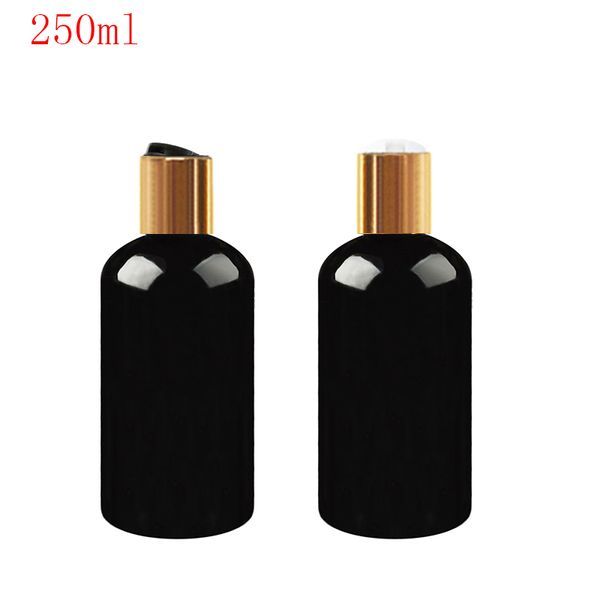 Contenitore per lozione in plastica nera da 30 pezzi da 250 ml con gel doccia per imballaggio in bottiglia in PET con tappo a disco in alluminio dorato