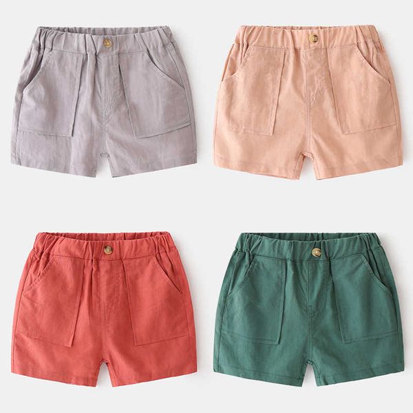 

baby beach shorts summer kids clothes toddler boy elastic pure color button decoration pants cotton to-knee leisuretrousers 210529, Black
