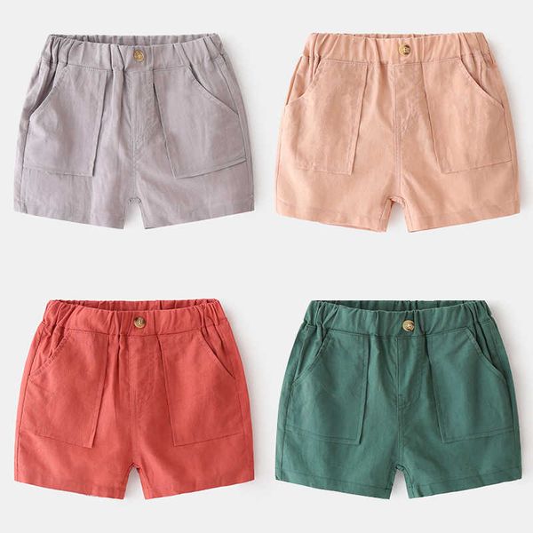 Baby Beach Shorts Летняя Детская Одежда Малыш Мальчик Эластичный Чистый Цвет Кнопка Украшения Брюки Хлопок до колена Лейсуретроры 210529