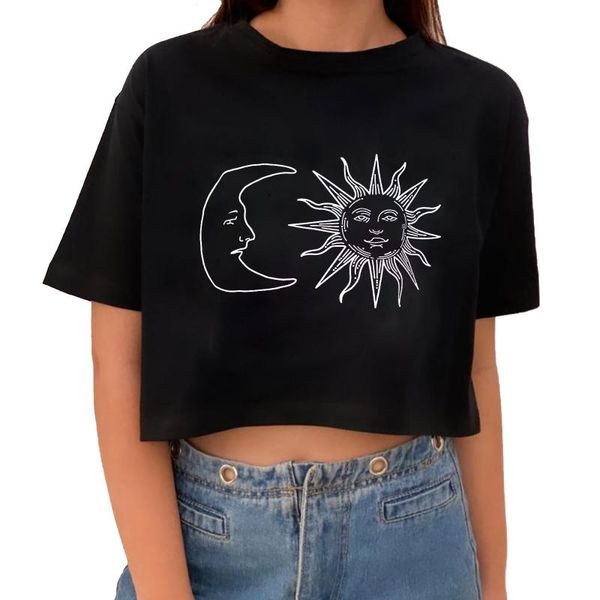 

t-shirts women's black o-neck sun and moon printing short sleeve casual t-shirt woman 2021 manga corta, White
