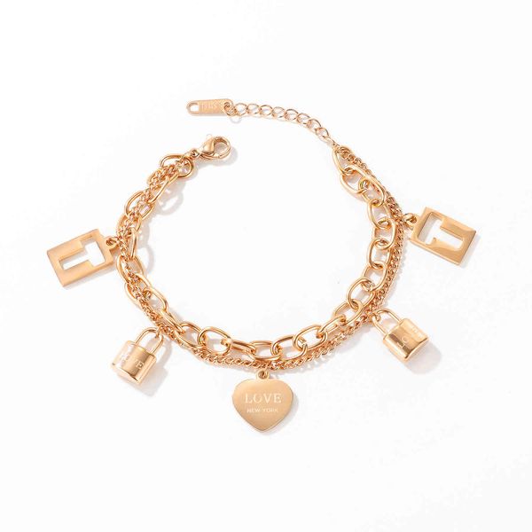

korea's ins minority female student's hand ornament titanium steel double layer design concentric lock love bracelet friend, Golden;silver