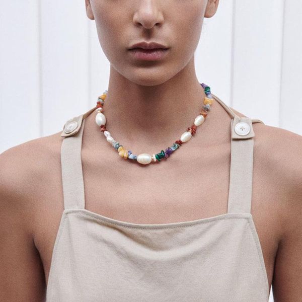 

chokers fashion boho simple rainbow natural stone necklaces for women charm colorful handmade pearl choker necklace trendy jewelry, Golden;silver