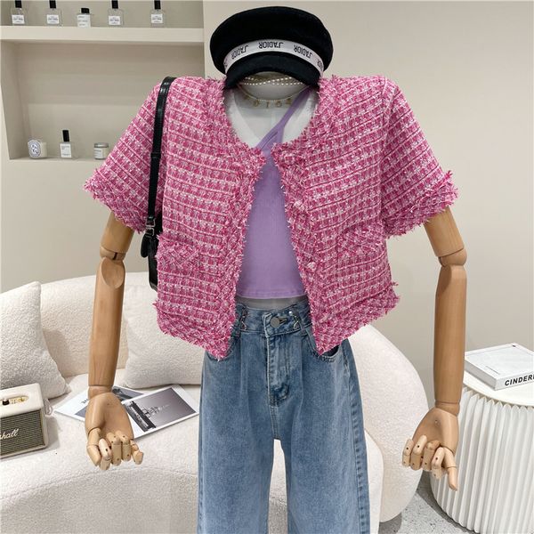 

coat spring summer 2021 woman's fashion niche design tweed jacket around the short neck cardigan top, Tan;black