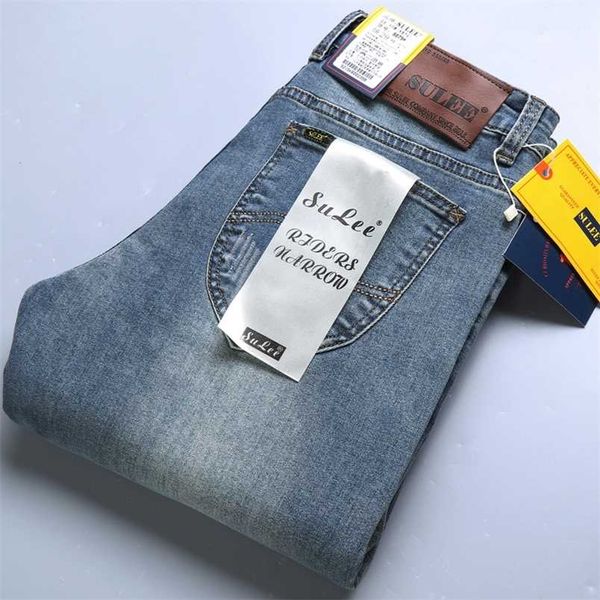 

sulee brand men's jeans business casual elastic comfort straight denim pants male brand trousers 220107, Blue