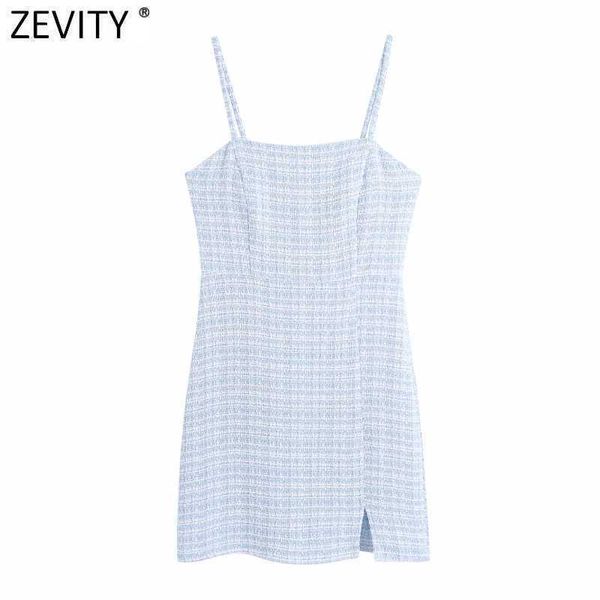 

zevity women vintage plaid print tweed sling mini dress female spaghetti strap back zipper vestidos chic summer dresses ds8329 210603, Black;gray