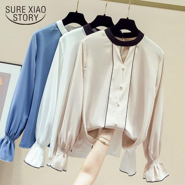 

autumn vintage shirt women chiffon blouse korean hollow female flare long sleeve solid beading office lady 11153 women's blouses & shi, White
