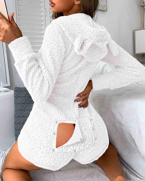 

new year winter women fuzzy bear zipper front hooded romper female long sleeve nightwear playsuit pajamas sets 210415, Black;white