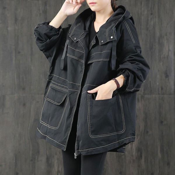 

women's trench coats spring autumn korea fashion women long sleeve loose hooded double pocket casual black big size v111 hhqh, Tan;black