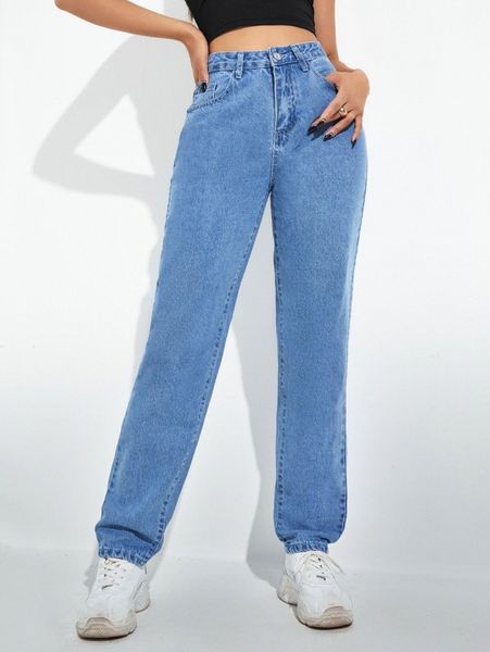 

light wash high-waisted mom jeans 17ce#, Blue