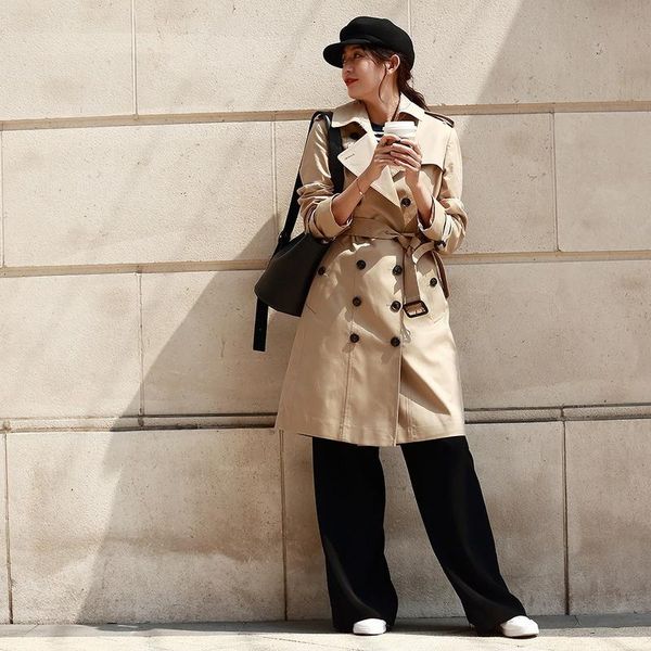 

women's trench coats autumn 2021 long windbreaker double-breasted belt british cotton jacket waterproof and anti-fouling, Tan;black