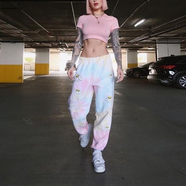 

women's pants & capris 2021 women trendy tie-dye streetwear sweatpants chrysanthemum printed casual long trouser female summer sports h, Black;white