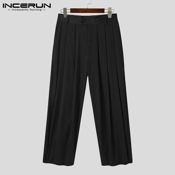 

men's pants casual style hansome incerun solid color comfortable pantalons streetwear loose fashion pleated wide leg s-5xl 2021, Black