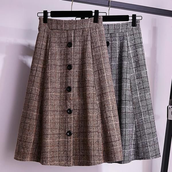 

skirts large size women's autumn winter a- line elastic waist plaid woman mujer faldas saias mulher, Black