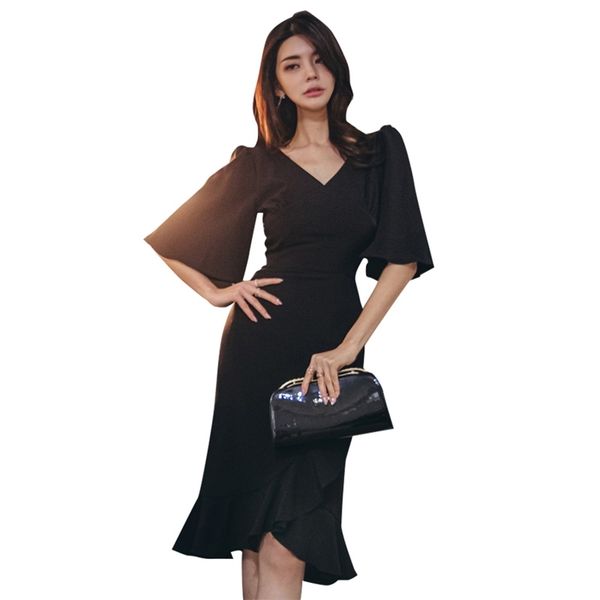 

black tight dress korean ladies ruffle short sleeve v neck party office sheath dresses for women clothing 210530, Black;gray