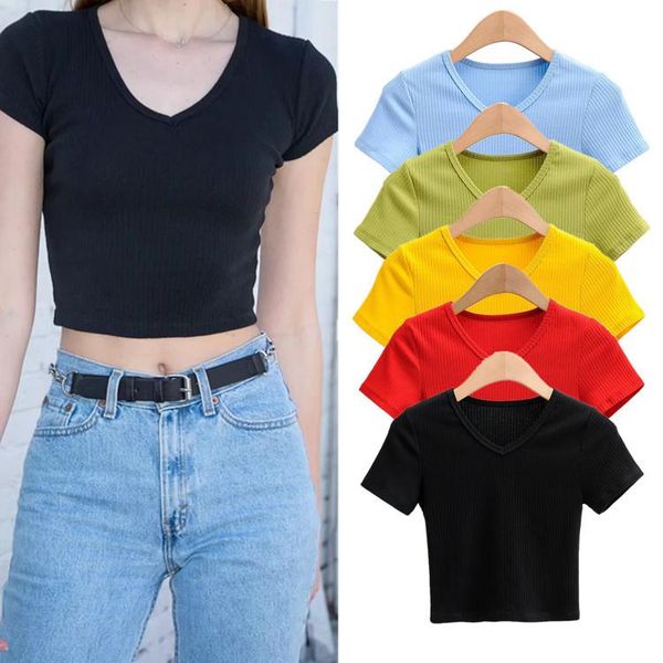 

women's t-shirt 2021 summer t shirt women short v-neck bm style simple solid color femme slim fit skinny tees knitwear, White