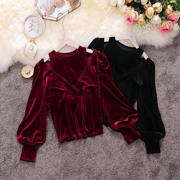 

autumn winter female o-neck lantern sleeve slim velvet shirt women's elegant blouse women shirts blouses &, White