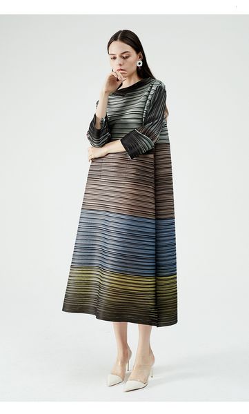 

dress miyake retro striped pleated loose stand three quarter women, Black;gray