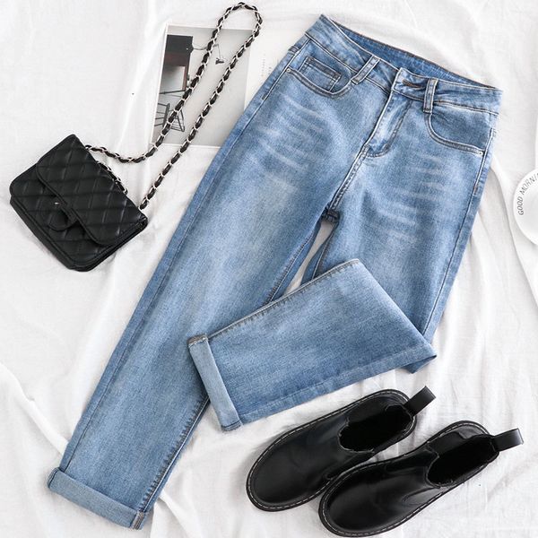 

women's jeans temperament woman high waist slim straight harem spring new girl street wild retro loose nine-point cigarette pants, Blue