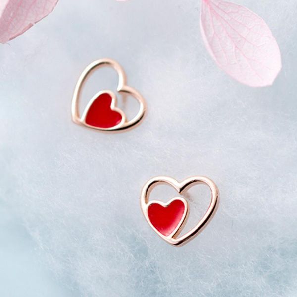

100% 925 sterling silver sweet red heart hollow enamel girly stud earrings for women party jewelry gift, Golden;silver