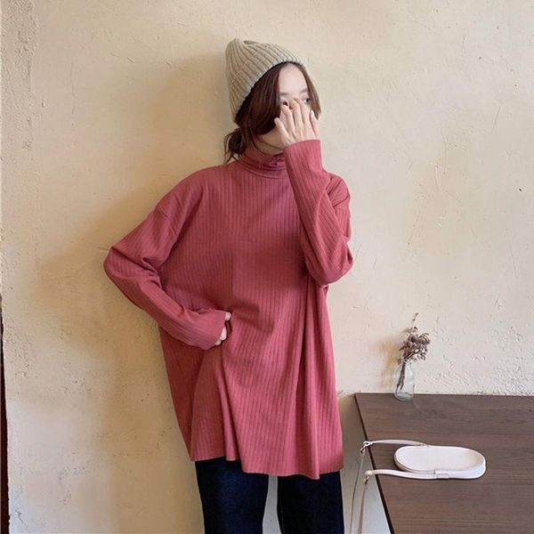 

women's t-shirt cotton high-necked bottoms autumn/winter loose-fitting thin-skinned with striped long-sleeved t-shirts, White
