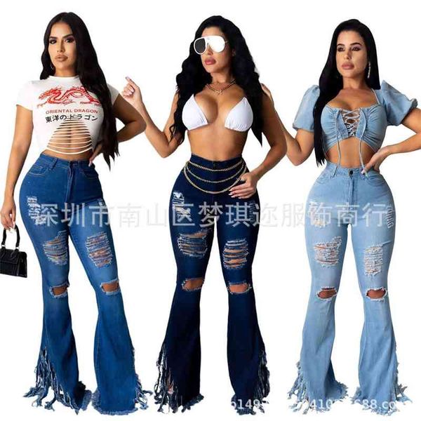 

women's jeans selling wear straight high waist perforated tassel washed trumpet for women lkli, Blue