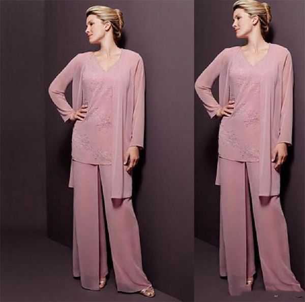 Abiti eleganti per la madre della sposa in chiffon rosa con giacca con scollo a V maniche lunghe Abito per gli ospiti di nozze Abiti da cerimonia per la madre dello sposo Abiti da sera da ballo