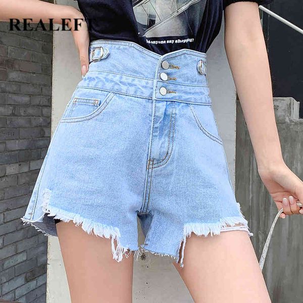 Botão de verão Mulheres Denim shorts borlas cintura alta vintage bolso elegante azul jeans garotas 210428