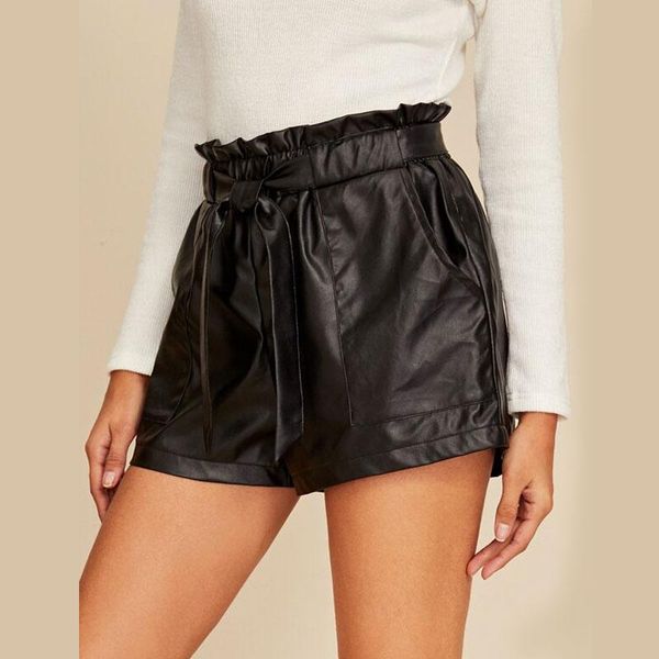 

women's shorts womens ladies pu leather 2021 pvc wet look high waist paper bag casual bottoms, White;black