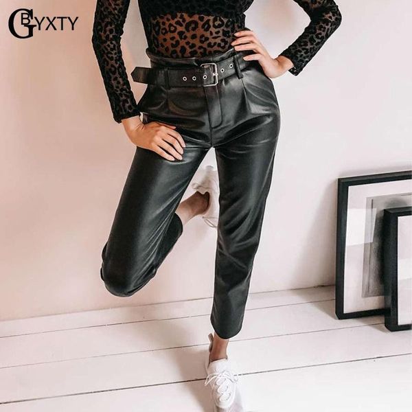 

women's pants & capris gbyxty spring autumn pu leather straigh streetwear high waist belt black faux trousers femme za1812, Black;white