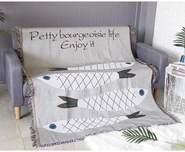 

tapestries nordic ins grey white fish cotton travel blanket leisure sofa towel carpet cover single tapestry mat