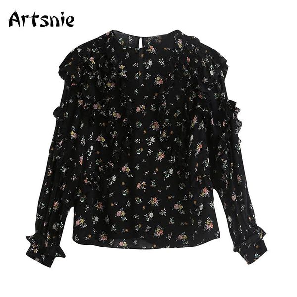 

artsnie boho floral print blouse women autumn o neck long sleeve ruffles chiffon shirt female vintage sweet blouses blusas women's & s, White