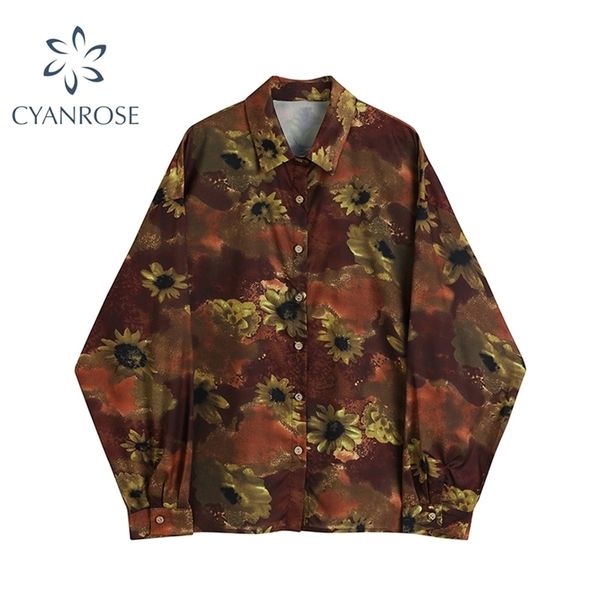 

vintage sunflower print long sleeve women blouses elegant autumn fashion casual shirts loose turn down collar blusas 210515, White