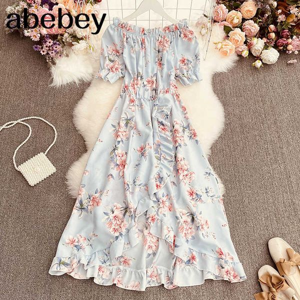 

french sweet print dress women slash neck puff sleeve a-line dresses summer bohemian off shoulder irregular midi dres 210715, Black;gray