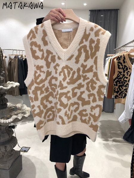 

matakawa autumn and winter sweater vest leopard print v-neck sleeveless knitted vest korean fashion sleeveless jacket women 210513, Black;white