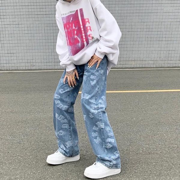 

women's jeans 2021 summer printed high waist ladies skinny woman korean straight pants wide leg fashion streetwear, Blue