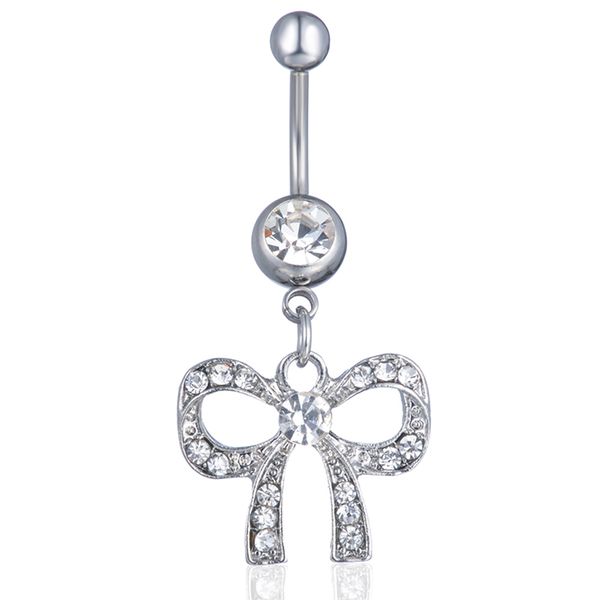 

d0585 bowknot clear stone belly navel button ring, Silver