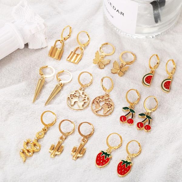 

9pcs set fashion fruit animal snake cute studs earrings stud, Golden;silver