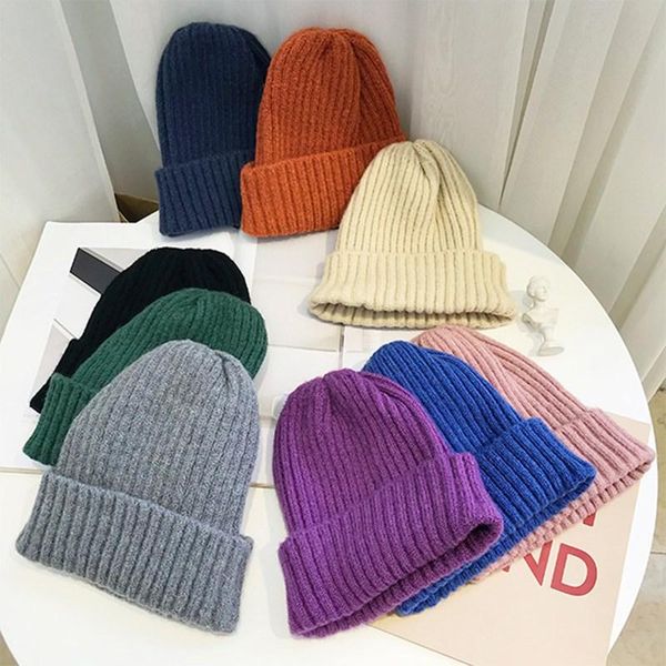 

beanie/skull caps 1pcs kpop soft lady beanie knitted winter hat women breathable wool yarn warm trendy cap candy simple all-match headgear, Blue;gray