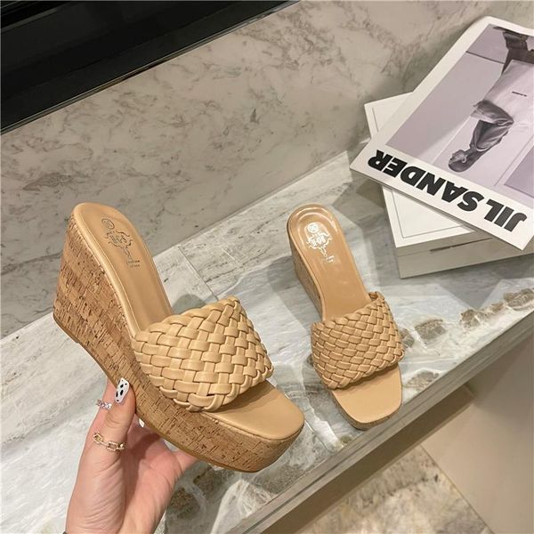 

slippers zar wedge sandals for women 2021 comfortable luxury designer white summer fashion weave high heels chaussure femme, Black