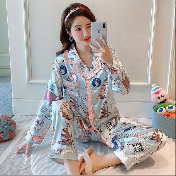 

summer autumn silk satin womens sleepwears comic print pajama sets long sleeve sleepwear pyjamas homewear pijama mujer clothes, Black;red