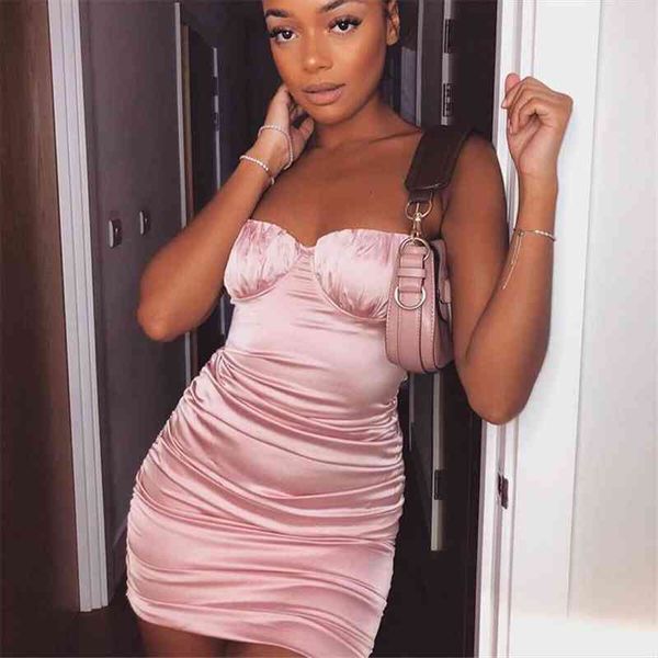 

summer sleeveless ruched slim bodycon womens dress satin mini solid evening party nightclub spaghetti pink red black, Black;gray