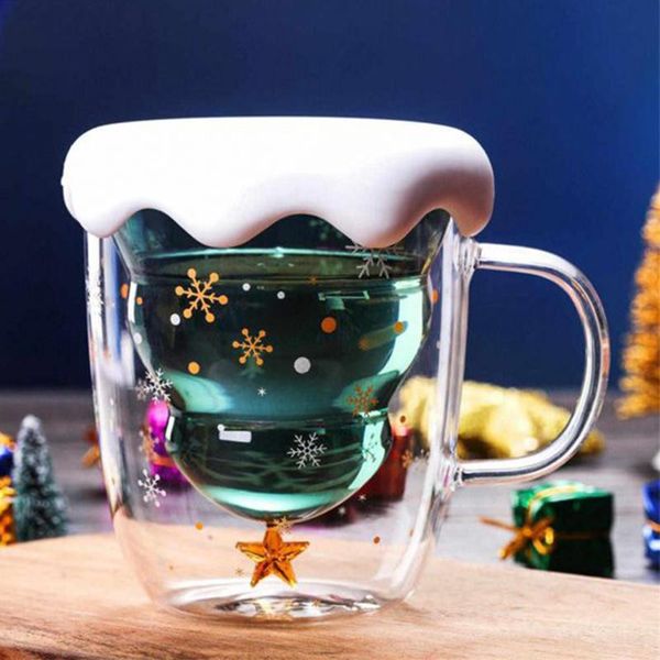 

mugs christamas tree glass cup double walled snowflake anti-scalding insulated coffee tn99