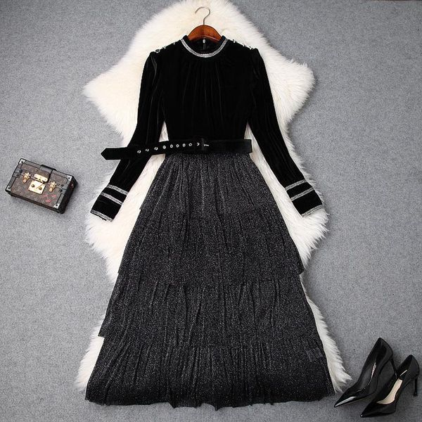 

casual dresses black dress woman autumn winter women's stand collar long-sleeved velvet stitching bright yarn mesh cake midi, Black;gray