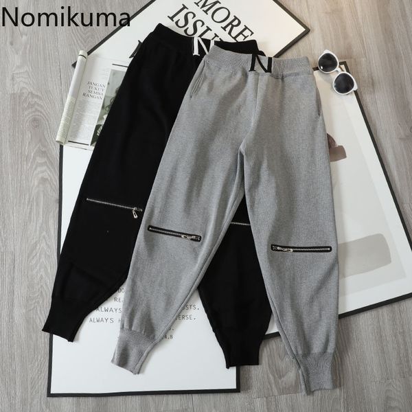 

nomikuma spring new korean knitted women pants korean zipper harem trousers casual solid high waist pants mujer 6f869 210427, Black;white