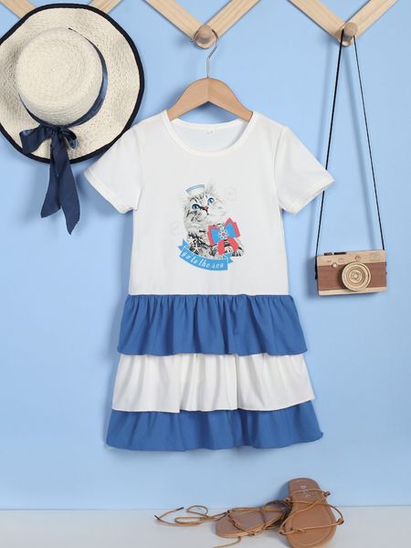 

toddler girls cat & slogan graphic ruffle layered hem dress she, Red;yellow