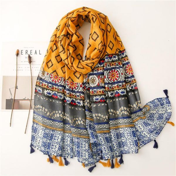

scarves vintage women scarf flower print hijab store shawls and wraps long tassel female foulard pashmina bandana headscarf w233, Blue;gray